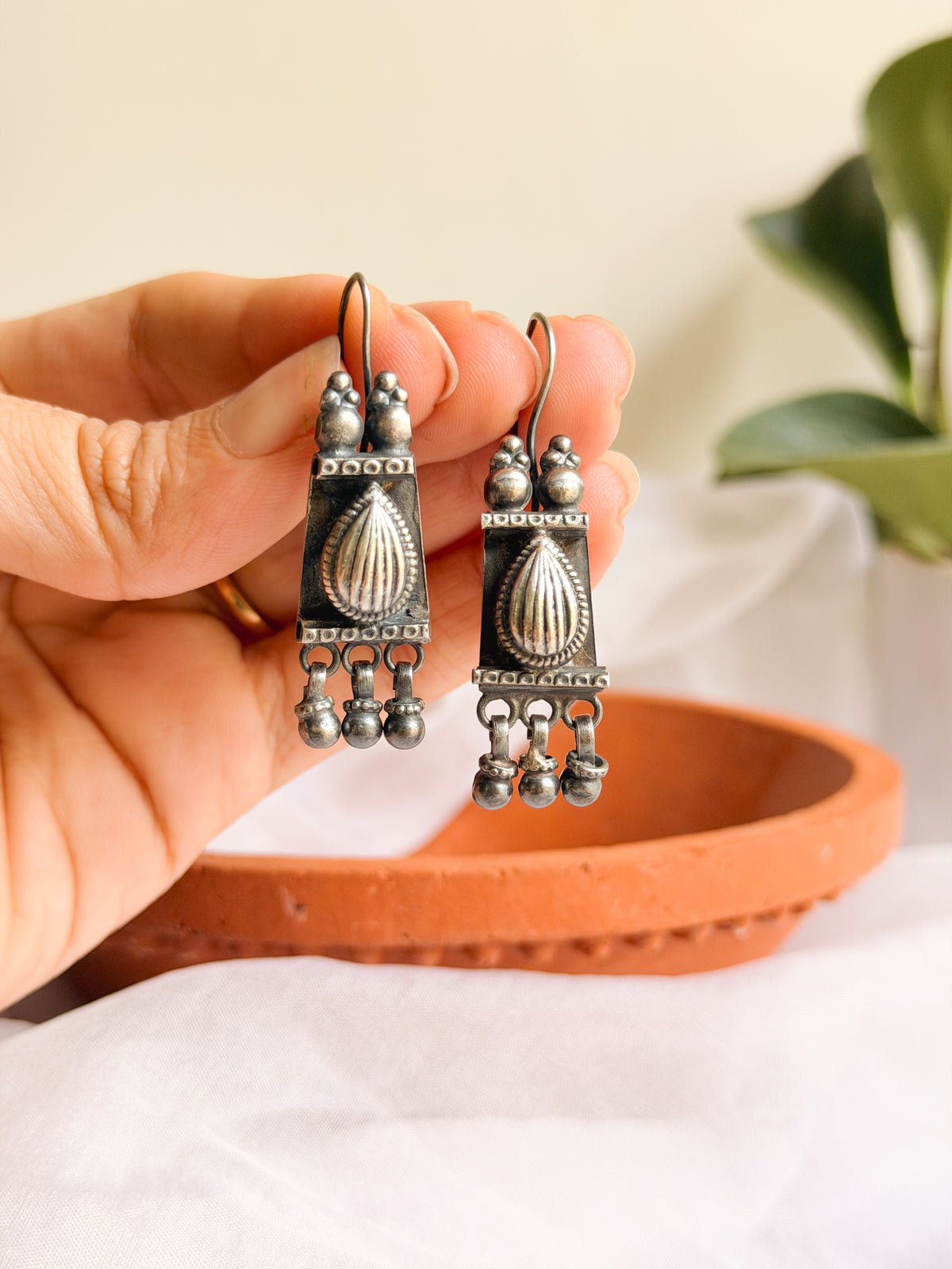 Shastra fish hook oxidised vintage silver earrings