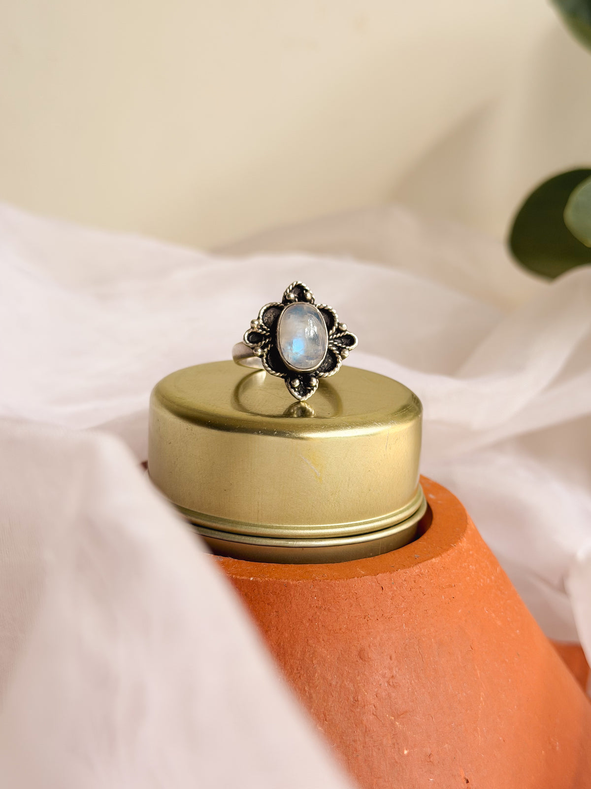 Brahma oxidised silver ring with moonstone (adjustable)