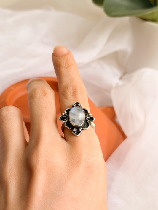 Brahma oxidised silver ring with moonstone (adjustable)