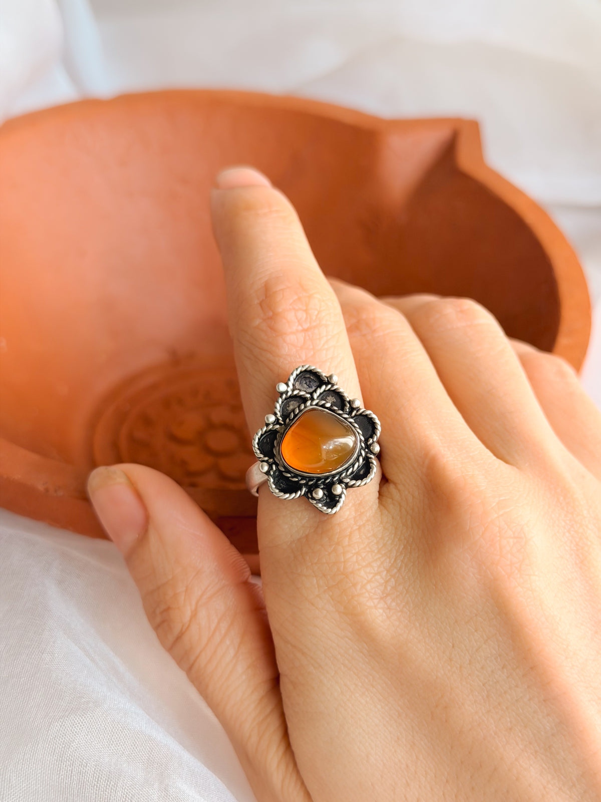 Amber oxidised silver ring with citrine stone (adjustable)