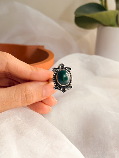 Dhara oxidised silver ring with green agate stone (adjustable)