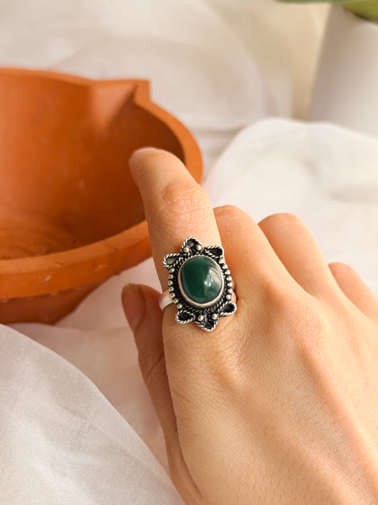 Dhara oxidised silver ring with green agate stone (adjustable)