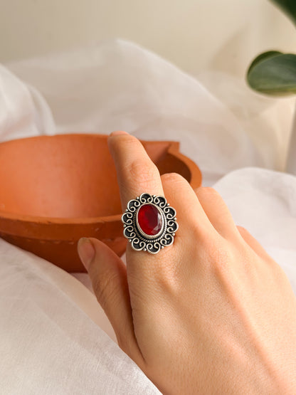 Shakti oxidised silver ring with red onyx (adjustable)