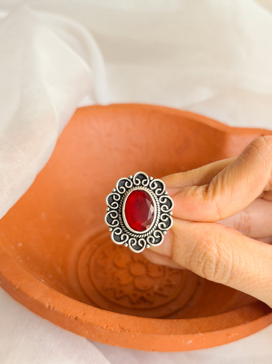 Shakti oxidised silver ring with red onyx (adjustable)