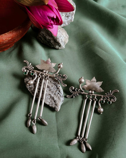 Arundhati silver lotus danglers with emerald stone