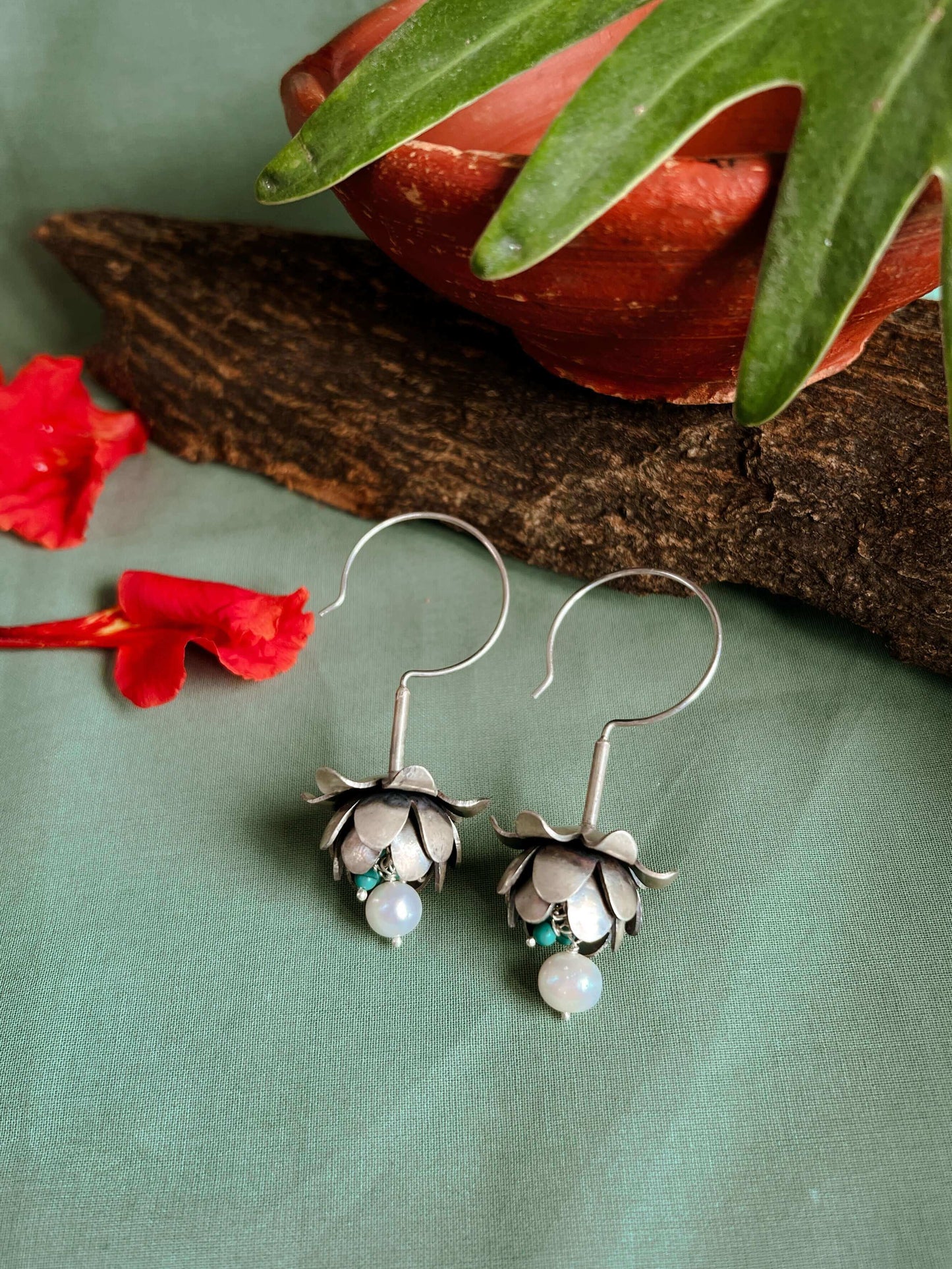 Neeraja silver danglers with turquoise bead and statement fish hook
