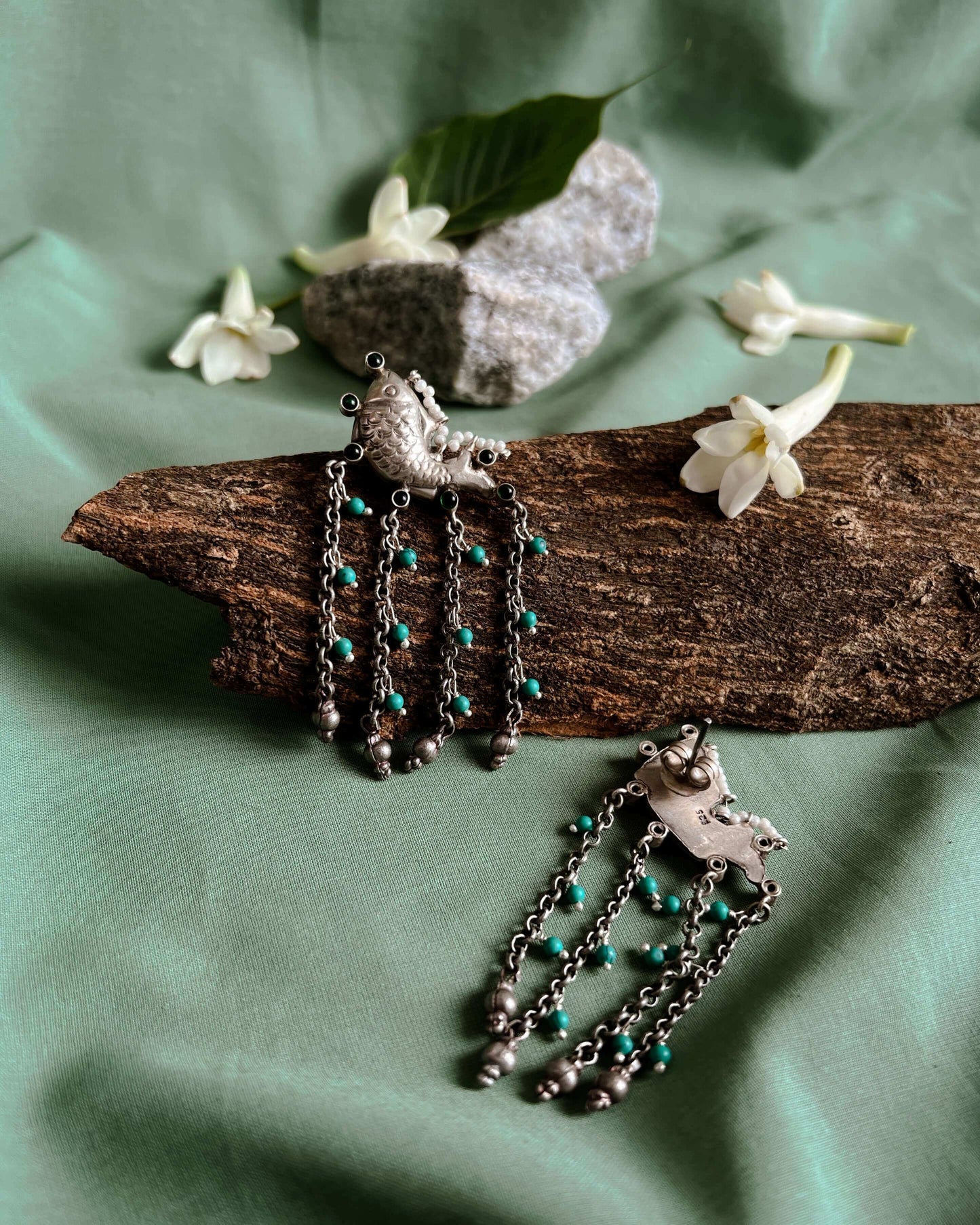 Sagarika oxidised danglers with turquoise beads and pearls