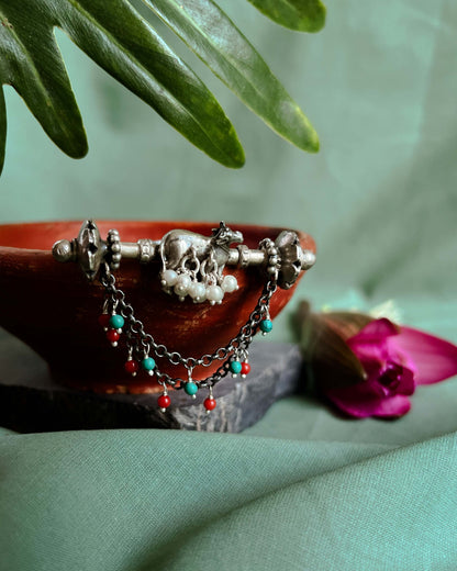 Nandika oxidised silver ring with pearl and chain detail