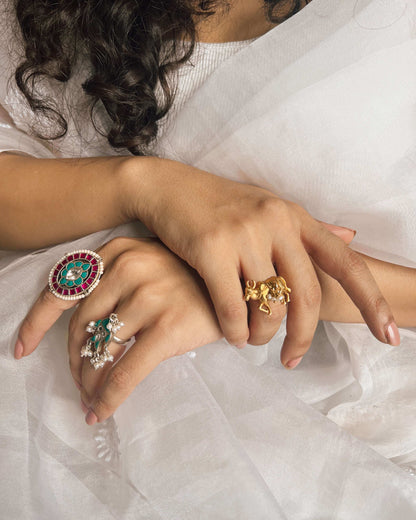 Rangoli silver ring with turquoise and ruby pink kundan