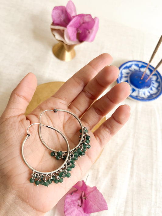 Chakra hoops with emerald cluster beads in sterling silver