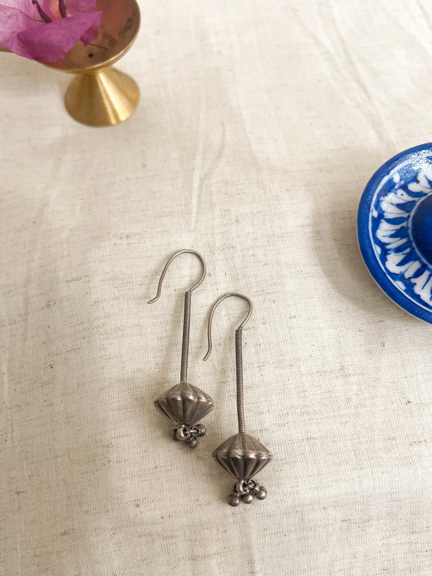 Shastra fish hook oxidised vintage silver earrings