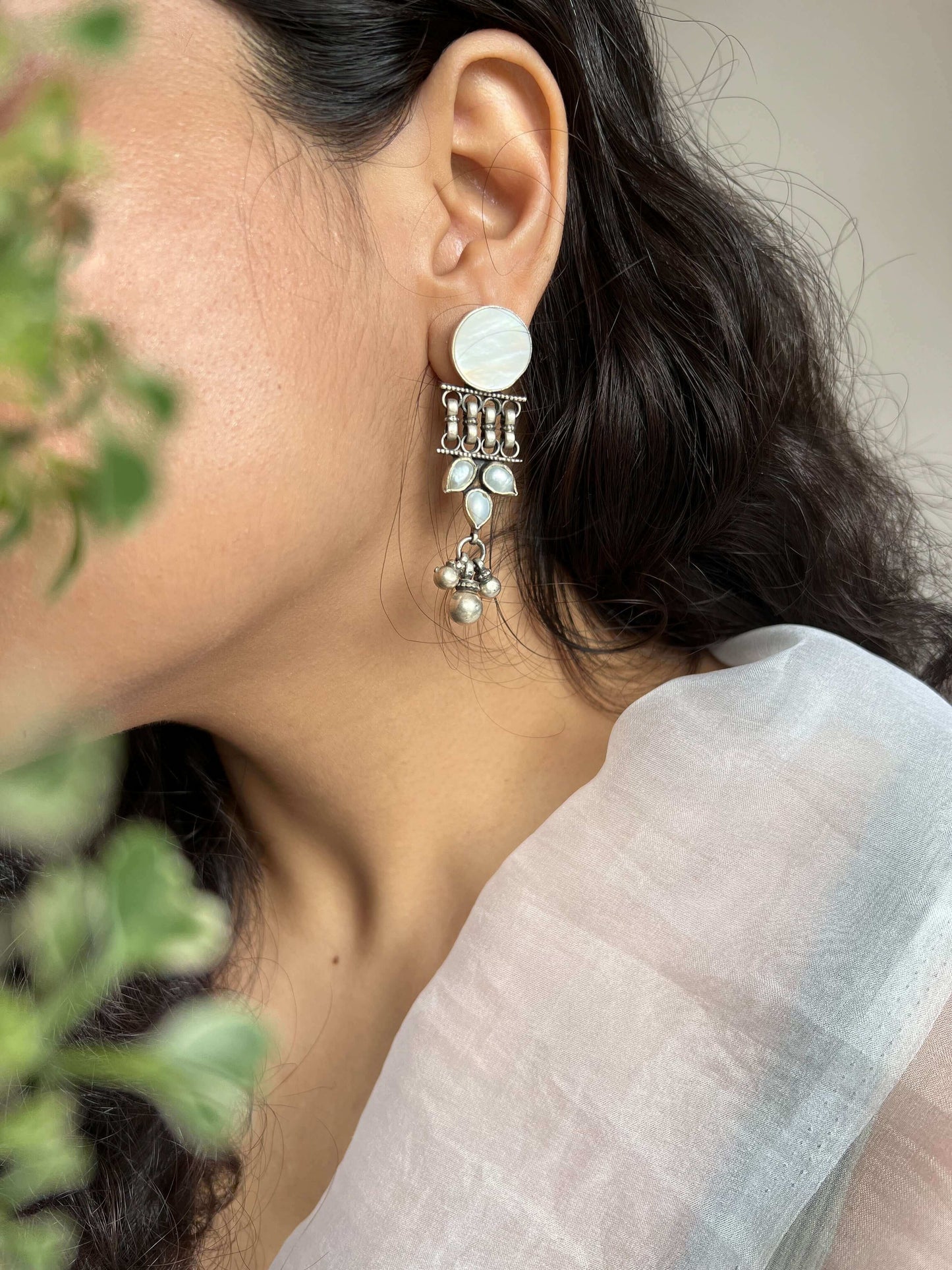 Chandni Silver danglers with pearl and shell details