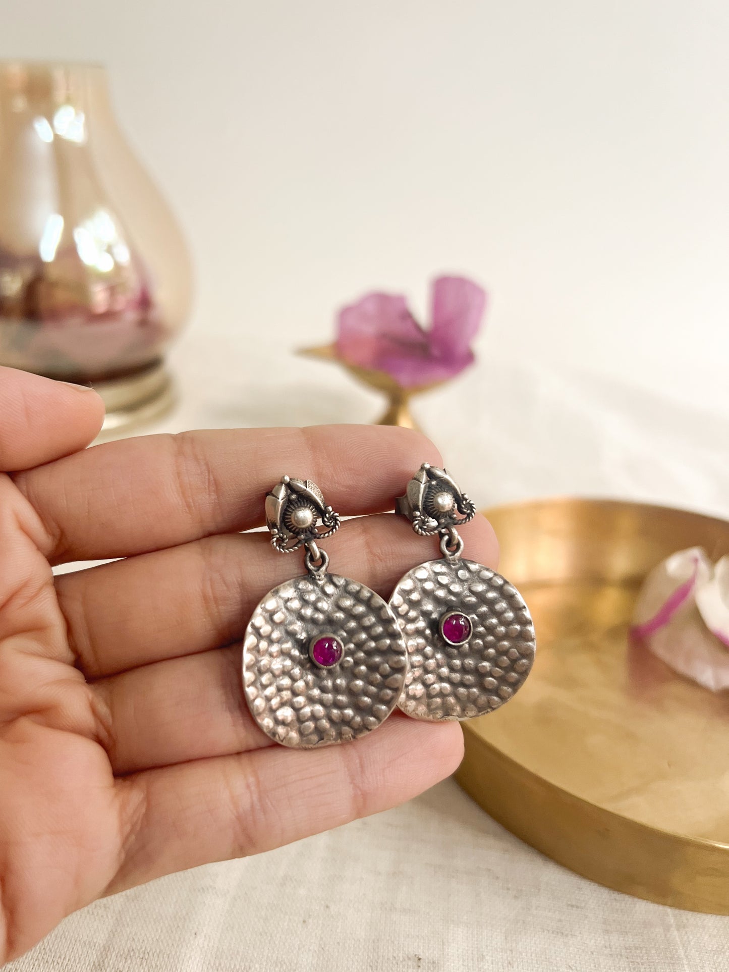 Thaal oxidised silver earrings with ruby onyx