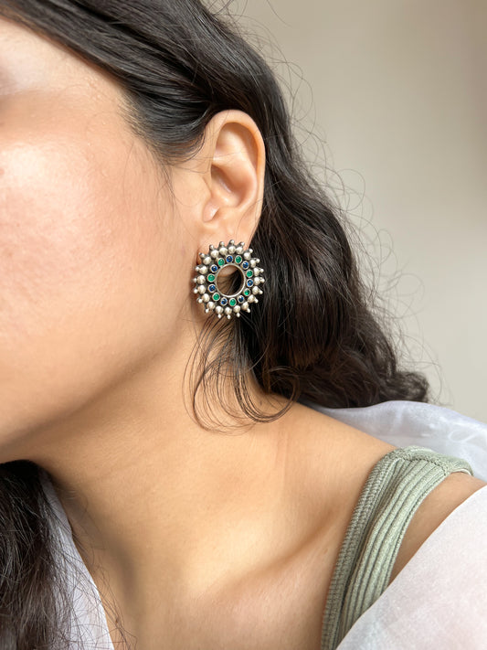 Chakra silver studs with emerald green and blue glass stone