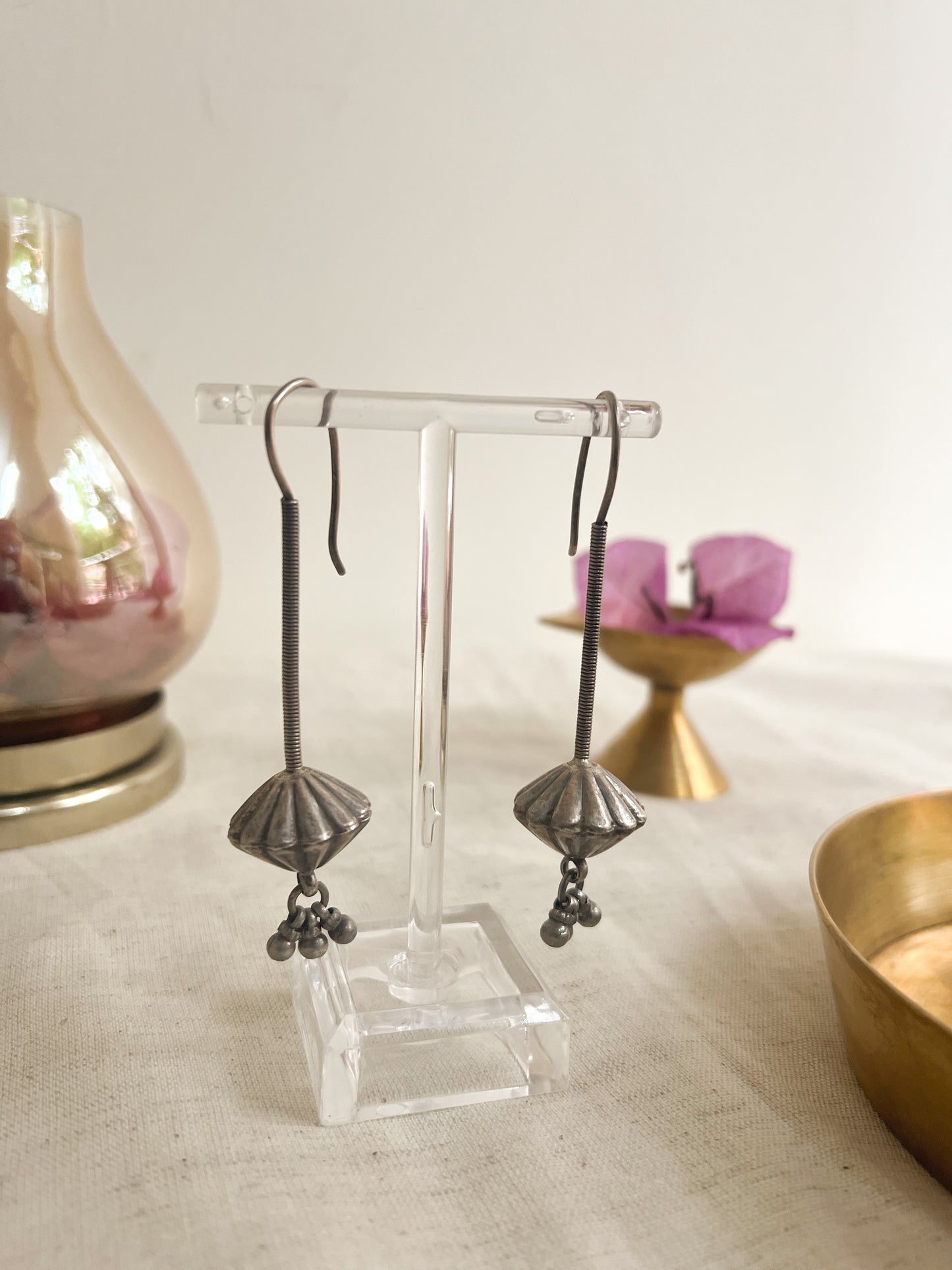 Shastra fish hook oxidised vintage silver earrings