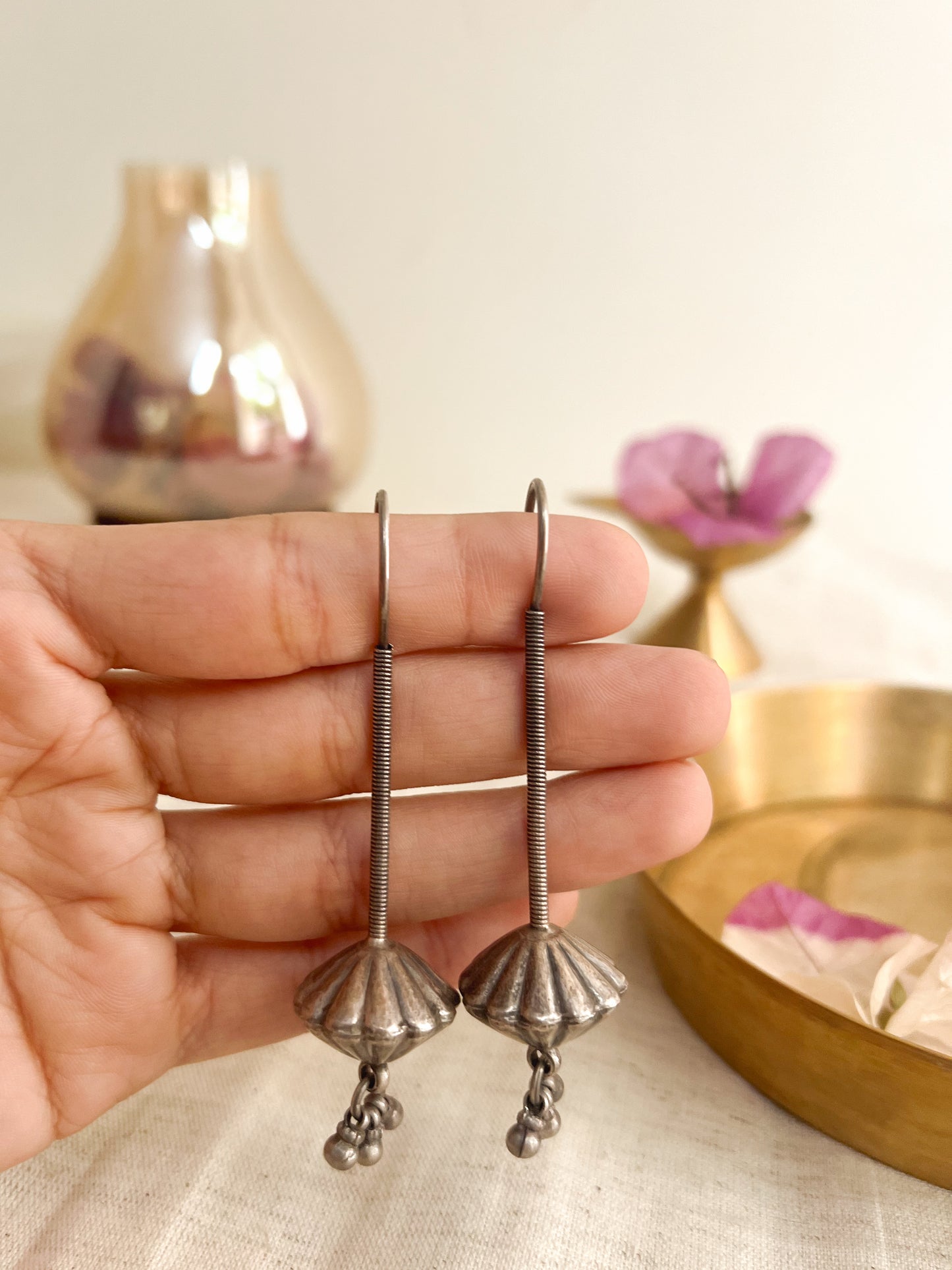 Shastra fish hook oxidised vintage silver earrings