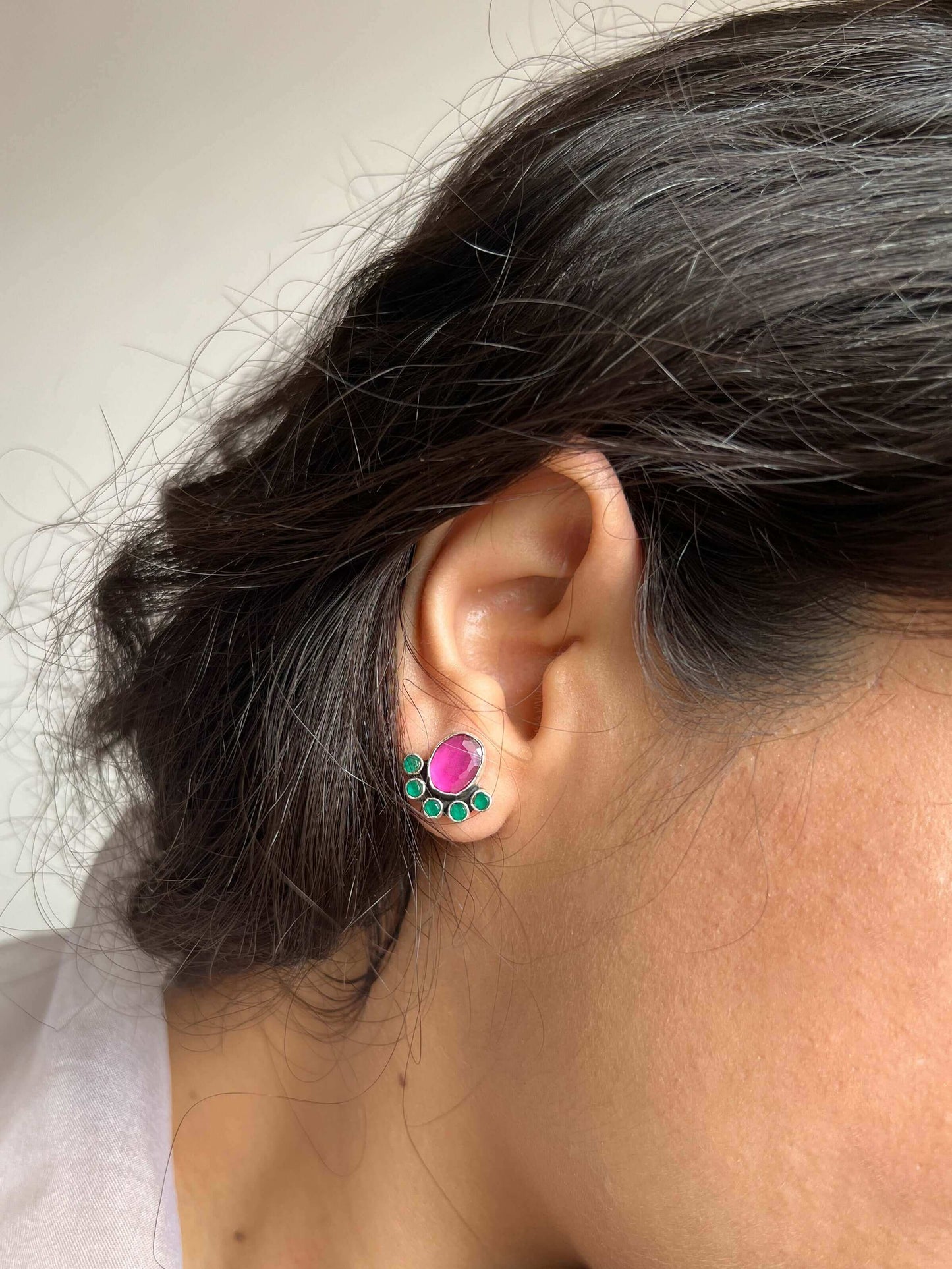 Trishala mini studs with pink and emerald stones