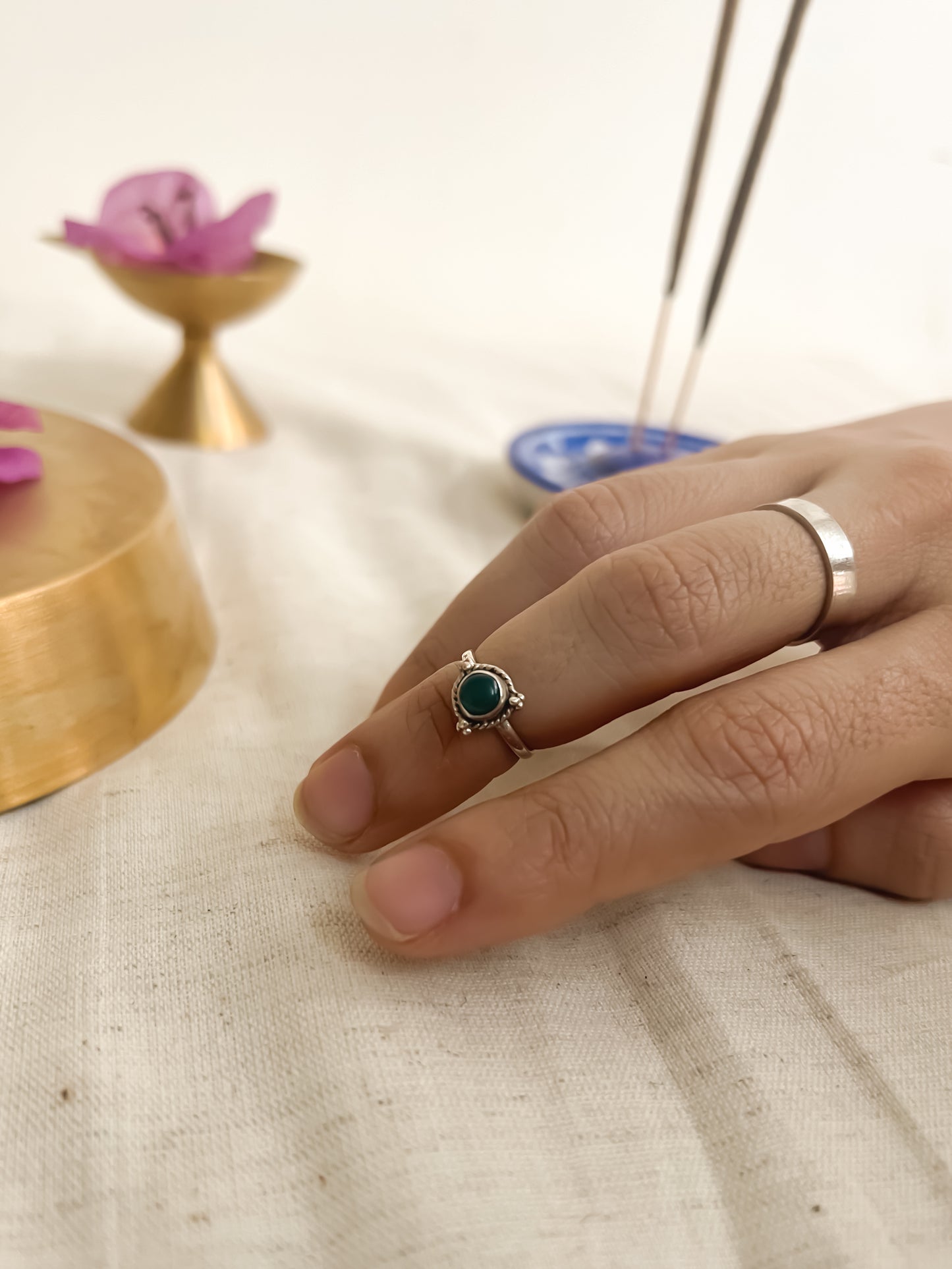 Tara adjustable ring with green onyx in sterling silver