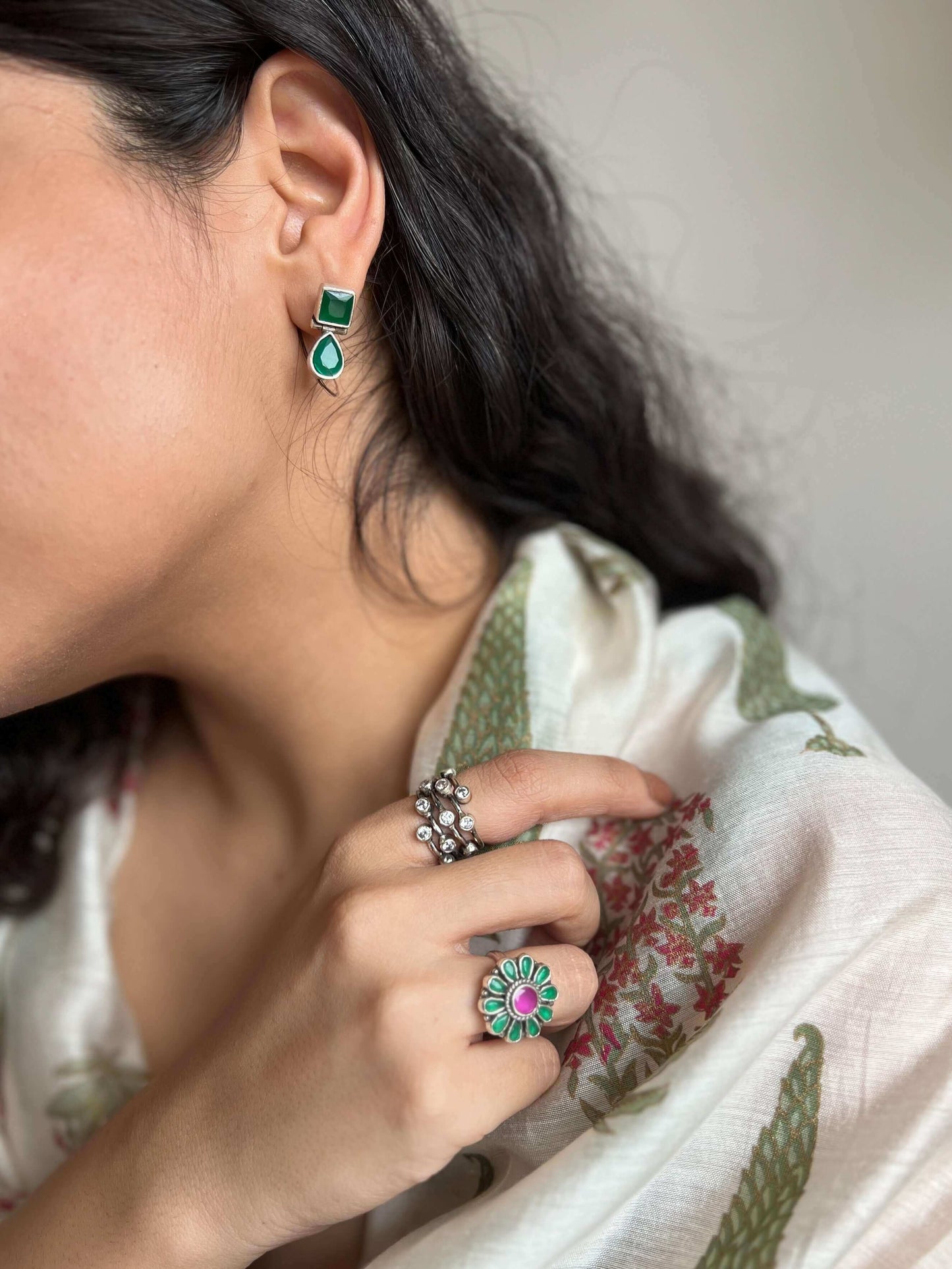 Daksha ring with green and pink glass polki