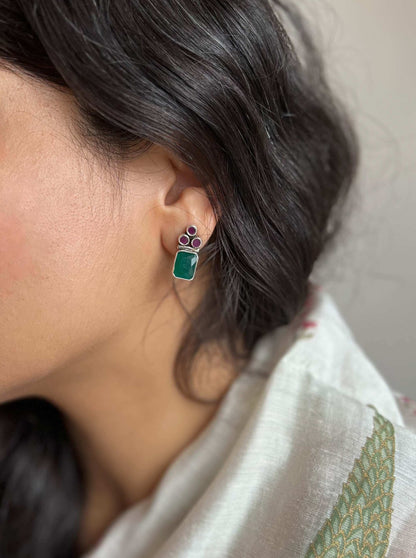 Shreyasi mini studs with emerald and pink ruby glass stone