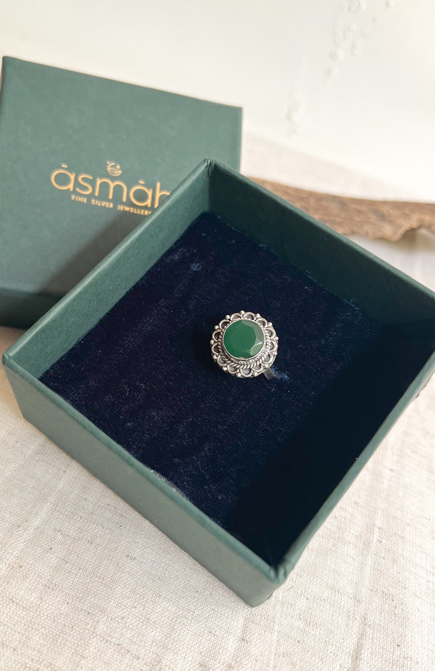 Kaavish silver ring with green onyx (adjustable)
