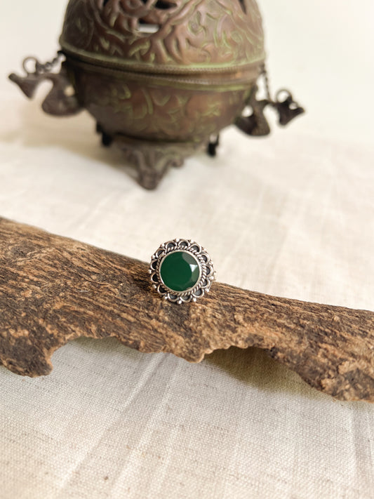 Kaavish silver ring with green onyx (adjustable)