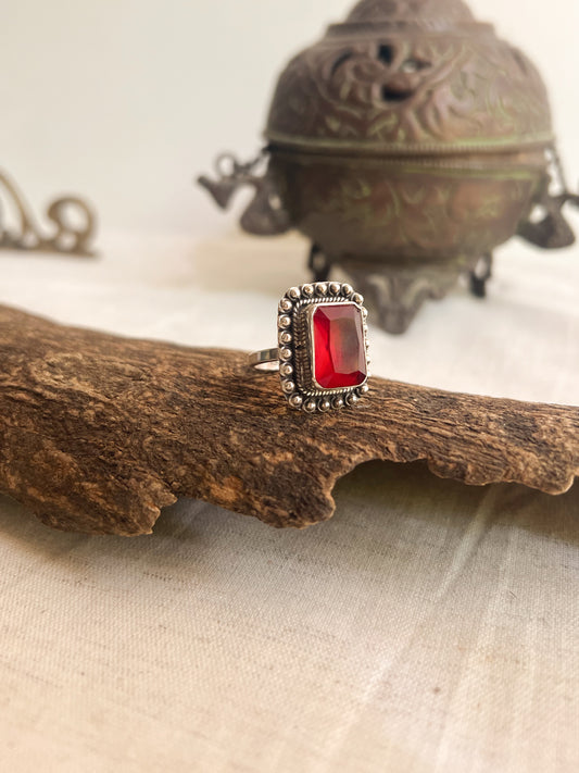 Shakti oxidised silver ring with red onyx (adjustable)