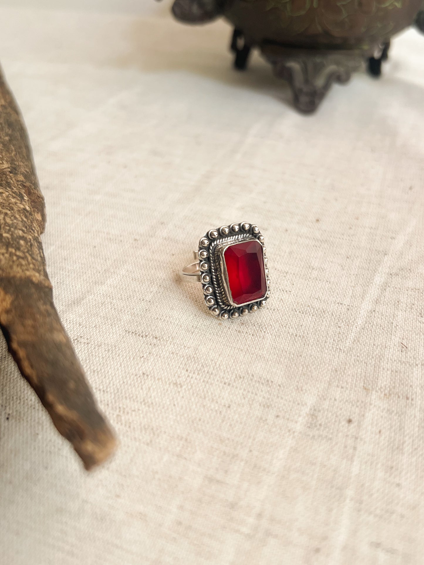 Shakti oxidised silver ring with red onyx (adjustable)