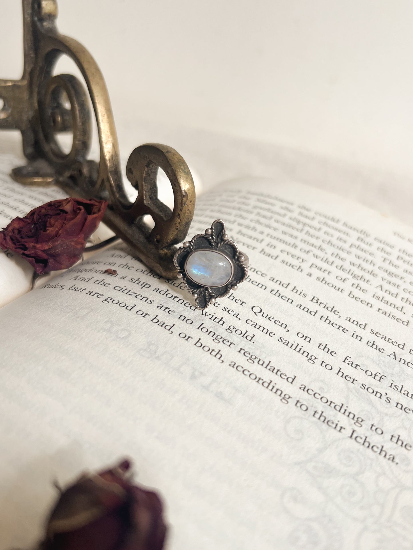 Brahma oxidised silver ring with moonstone (adjustable)