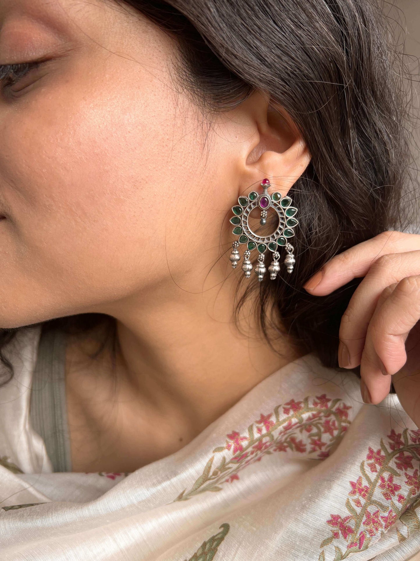 Aryahi green n ruby pink stud earrings with silver beads