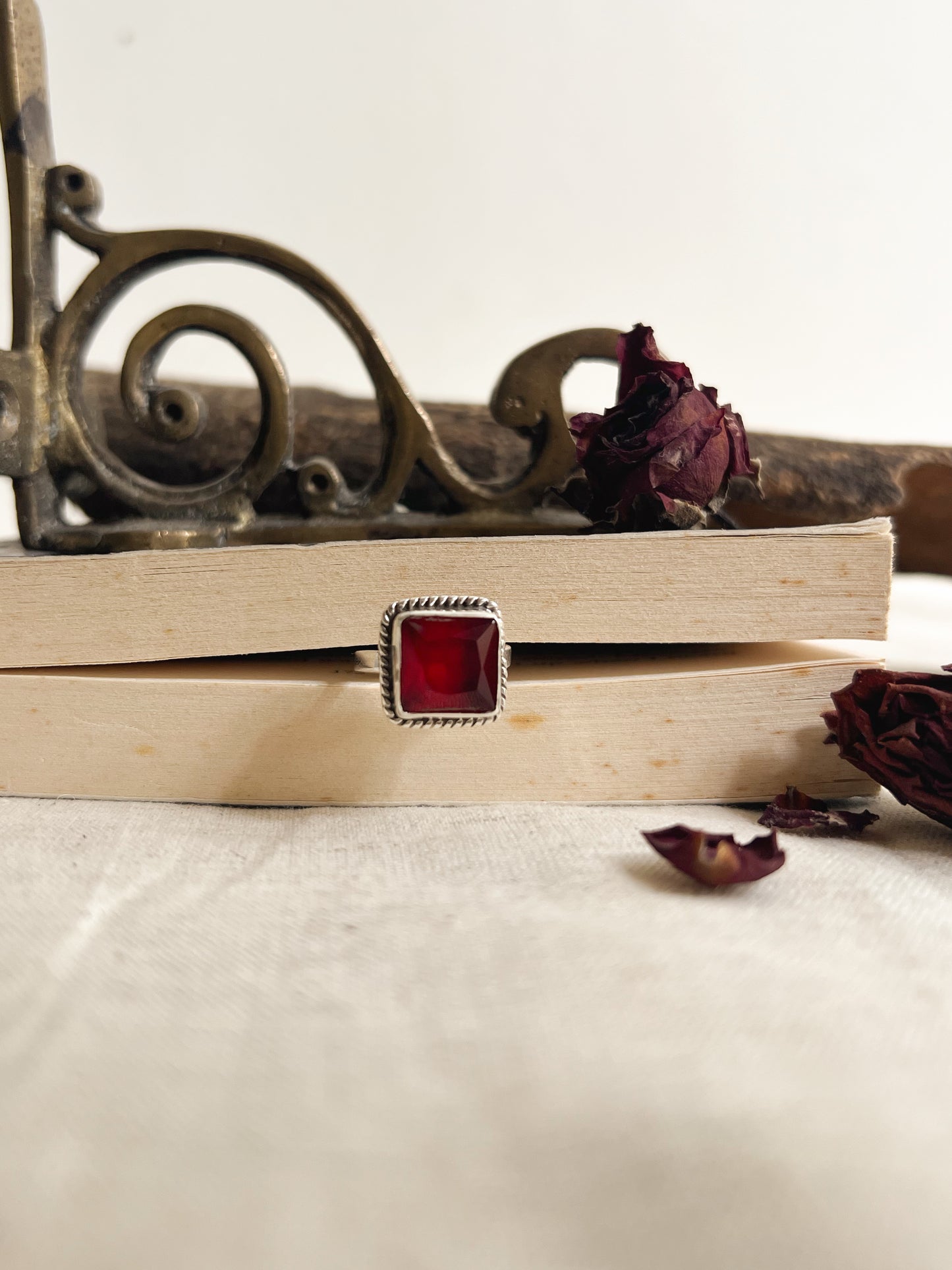 Kashish silver ring with square red onyx (adjustable)