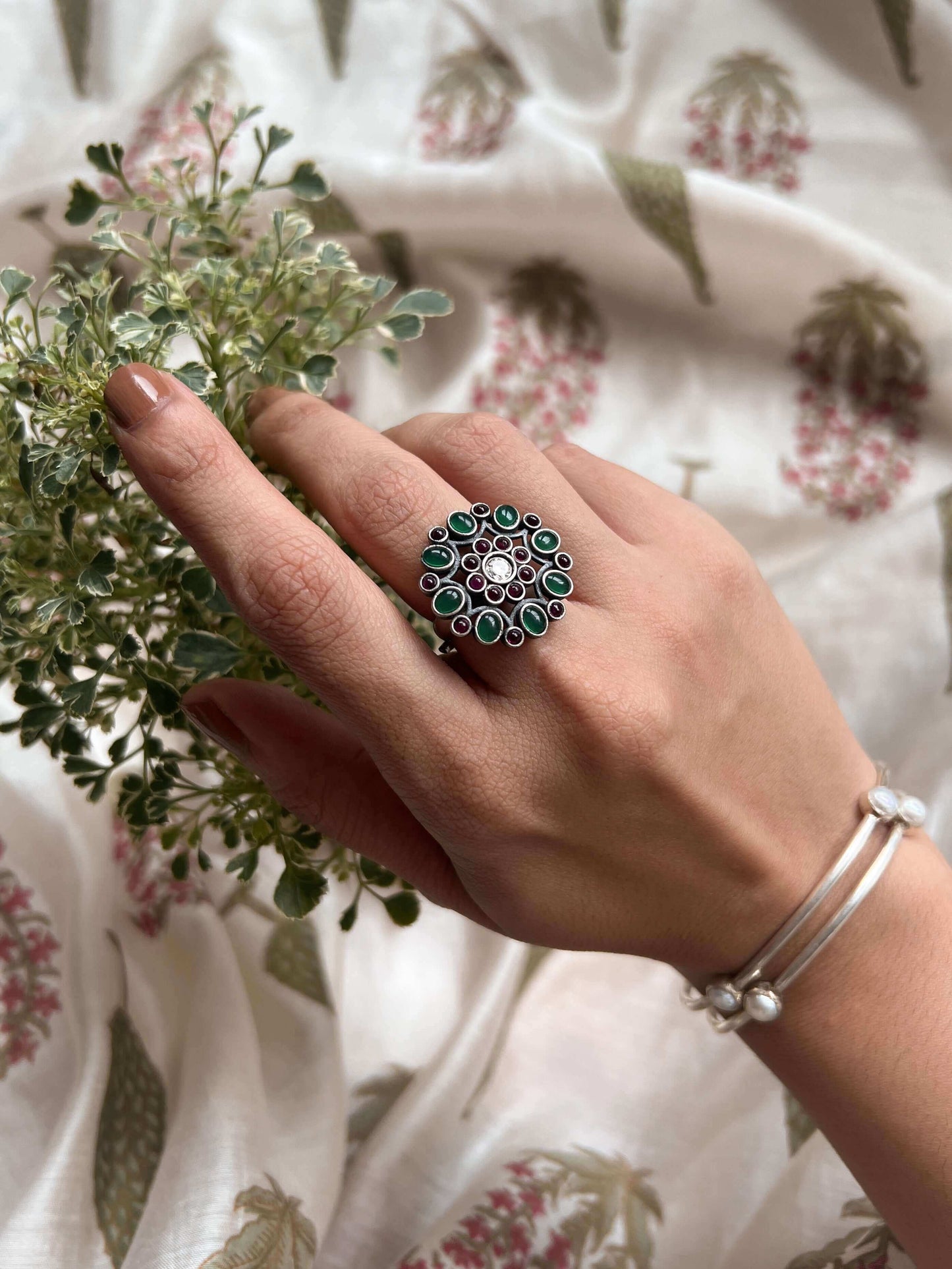 Anwita green and pink glass stone silver ring
