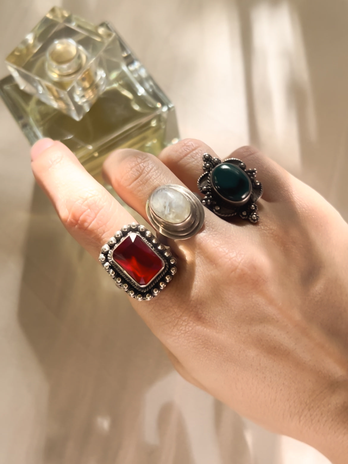 Shakti oxidised silver ring with red onyx (adjustable)