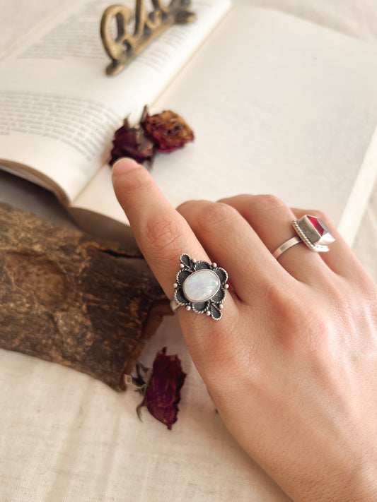 Brahma oxidised silver ring with moonstone (adjustable)
