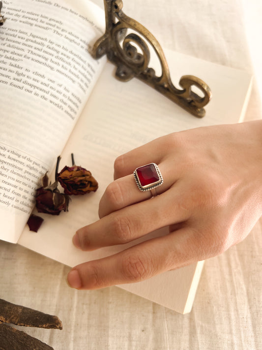 Kashish silver ring with square red onyx (adjustable)