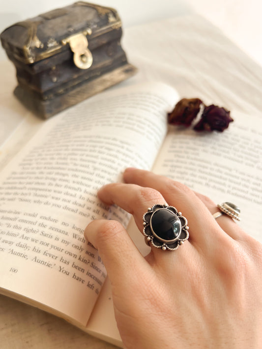 Nabha oxidised silver ring with black onyx stone (adjustable)