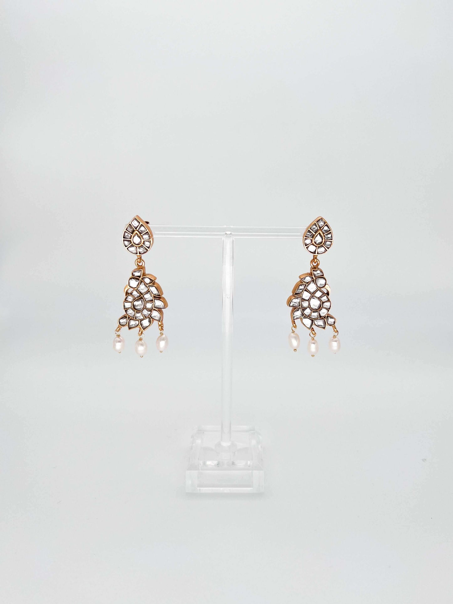 Hamsini gold plated silver earrings with polki and natural pearls