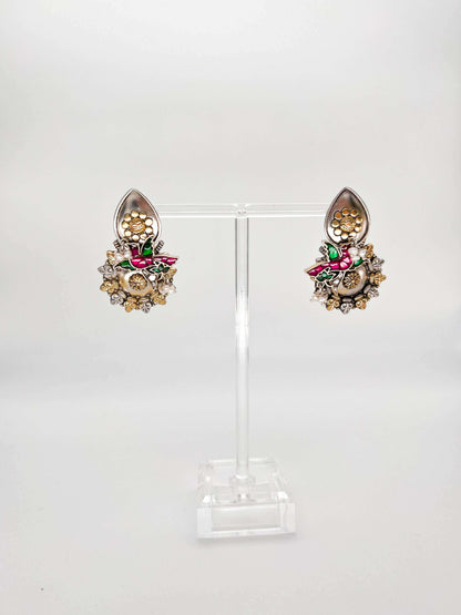 Pakhi dual tone earring with pink & green kundan birds
