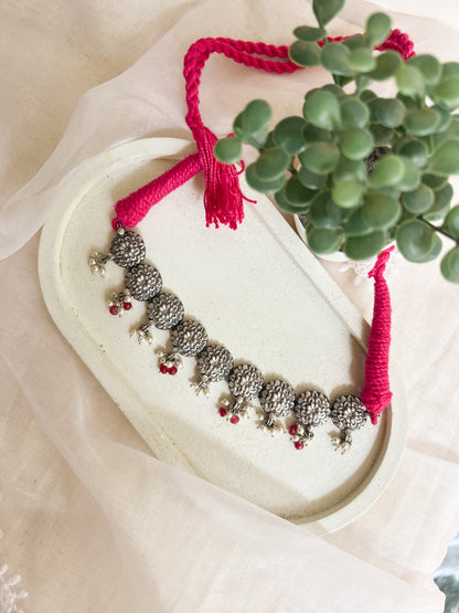 Mahwish oxidised silver choker with garnet cluster pearl