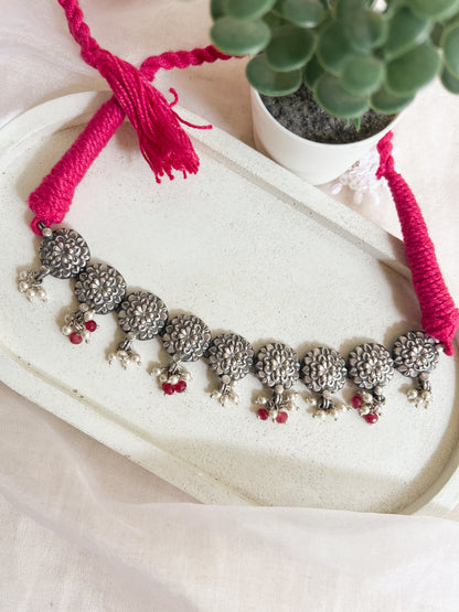 Mahwish oxidised silver choker with garnet cluster pearl