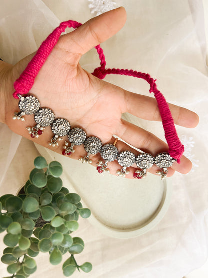 Mahwish oxidised silver choker with garnet cluster pearl