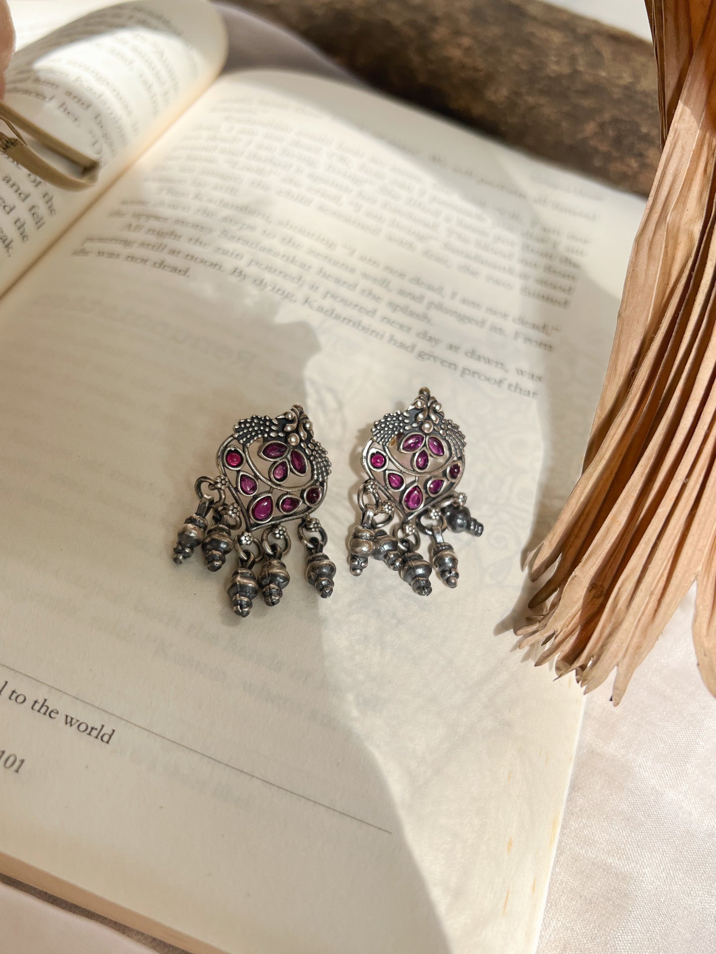Alankriti oxidised silver earrings with red glass stones