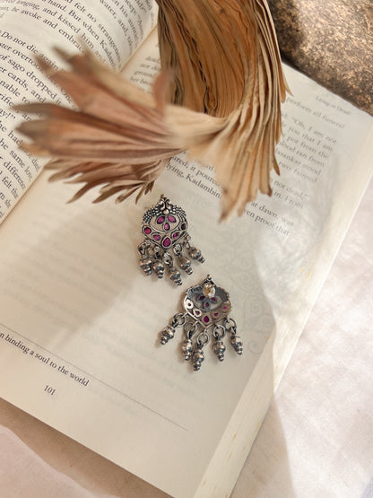 Alankriti oxidised silver earrings with red glass stones