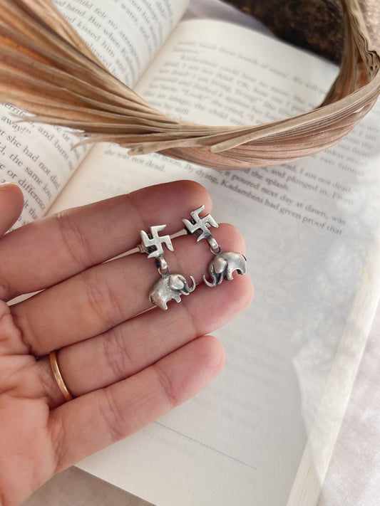 Swastika mini drops in silver with hathi charm