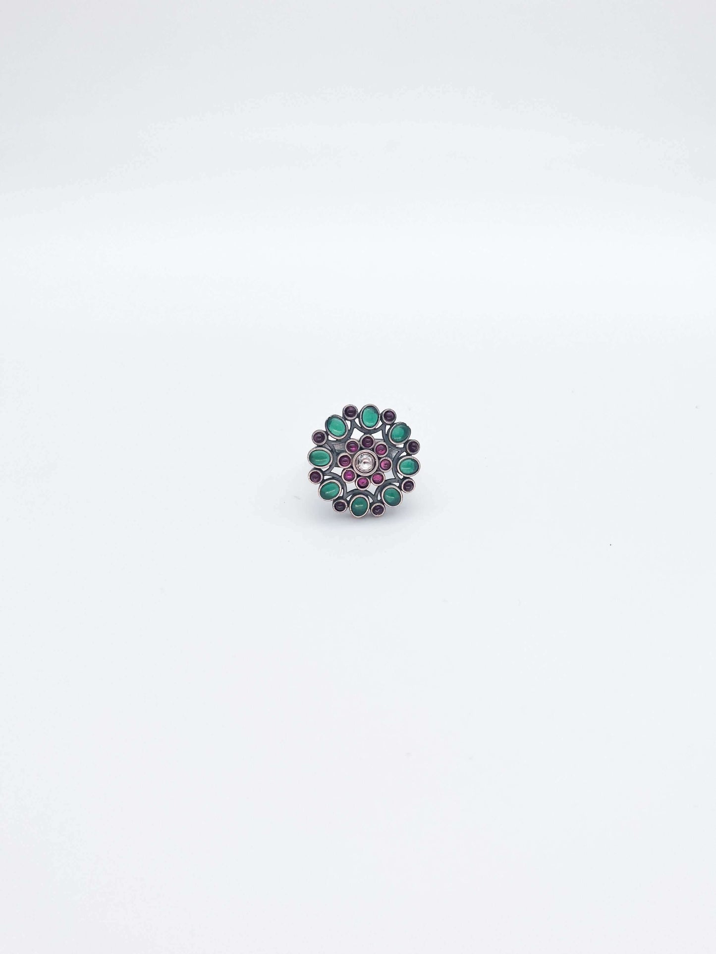 Anwita green and pink glass stone silver ring