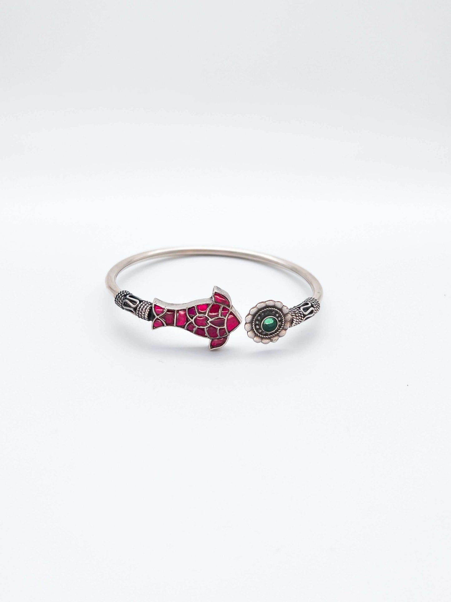 Meenakshi silver kada with ruby pink and green glass stone