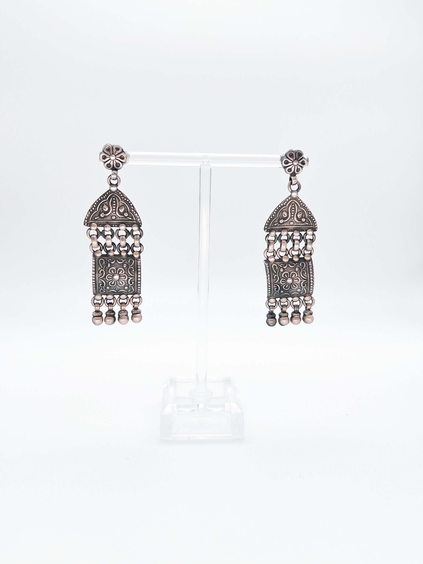 Aditri silver danglers with carved detail and silver beads