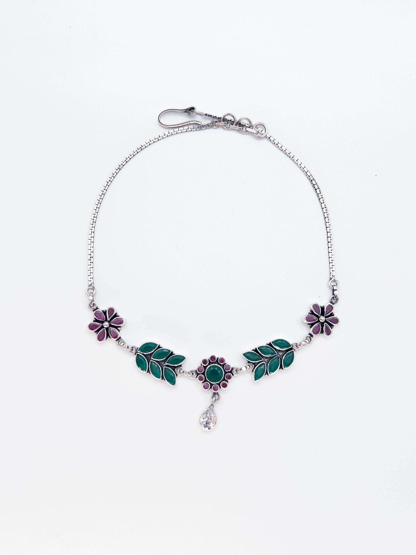 Bela silver necklace in green and ruby pink glass stone