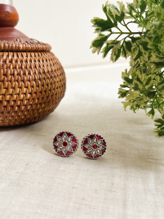 Phool studs in kundan carved in silver