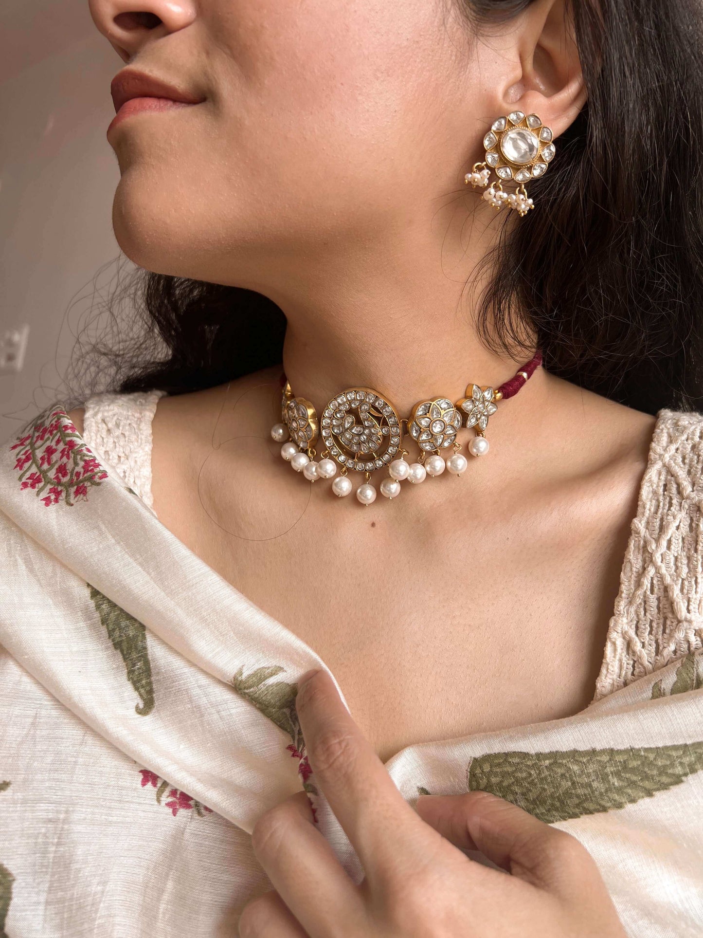 Sanvitha gold plated silver necklace set in polki and pearl
